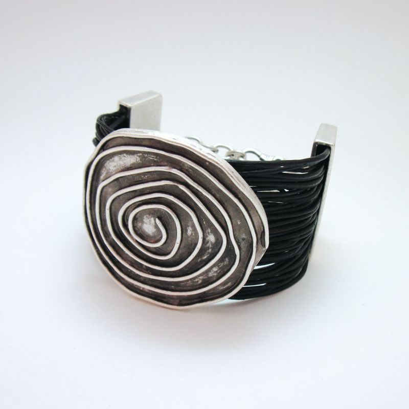 Seraglio Black Leather Zinc Bracelet - Grooved Spiral - Click Image to Close